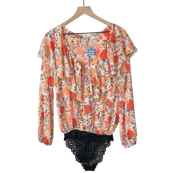 NWT Free People Intimately FP Ivory Comb Floral Bodysuit Long Sleeve Lace Ruffle - Picture 1 of 11